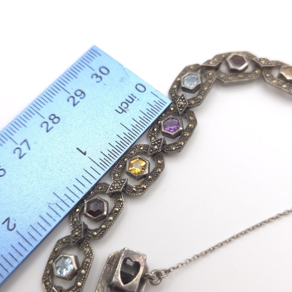 Vintage Sterling Silver Marcasite Multi Gemstone Art Deco Link Bracelet 925 - Picture 7 of 9